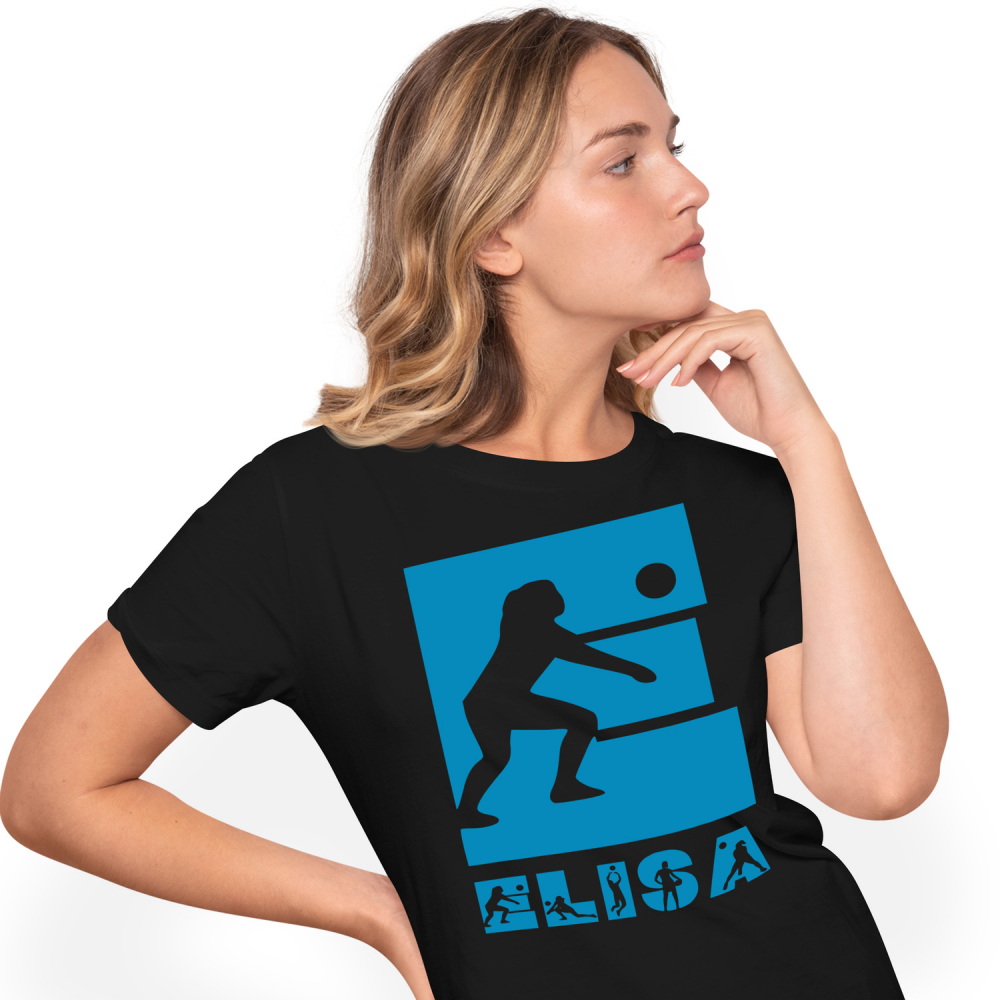 Tricou Personalizat Femei Pentru Iubitorii De Volei, Silueta Sportiva, Text Nume Personalizat, Copii, Culoare Albastru, Negru, 100% Bumbac, Marime L [1]