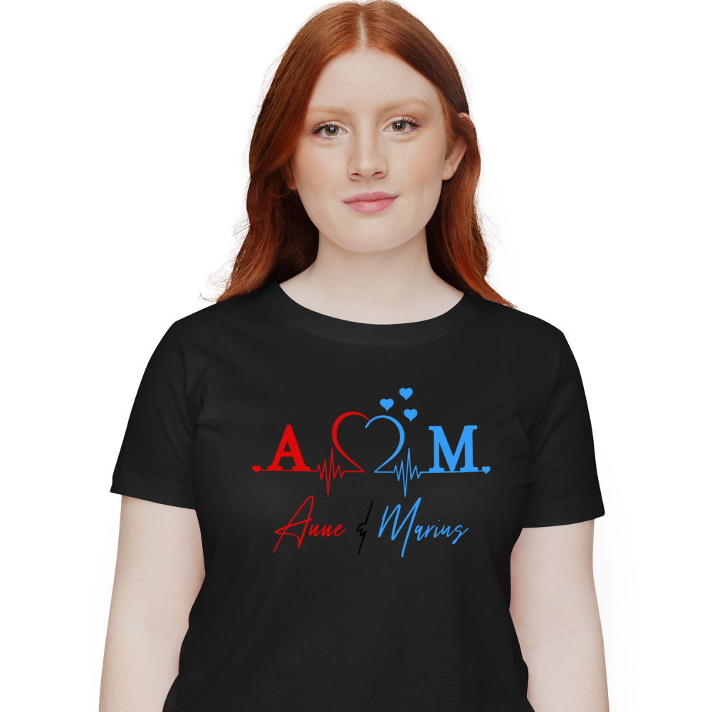 Tricou Personalizat Femei Pentru Ritm Cardiac, valentine's day, text Nume Personalizat, Cuplu Indragostit, Negru, 100% Bumbac, Marime XS [1]