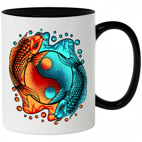 Maner Negru - Cana Cu Pesti Koi, Ying Yang, Balanta, Asiatic, Multicolor 330 ml, Ceramica cu Maner Negru