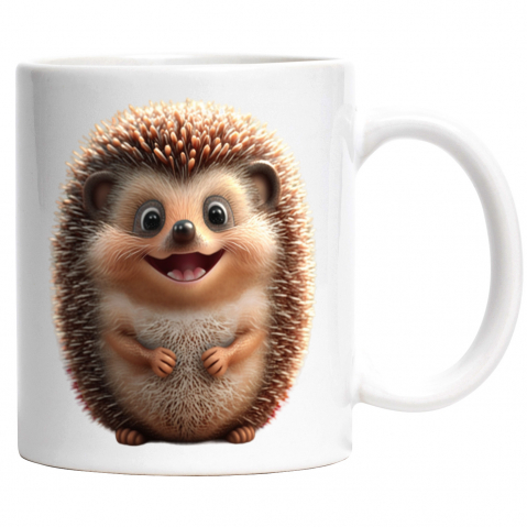 Maner Alb - Cana cu Portret Arici Dragut, Fericit, Zambaret, Maroniu, Iubitori de Animalute,Ceramica, 330ml, cu Maner Alb