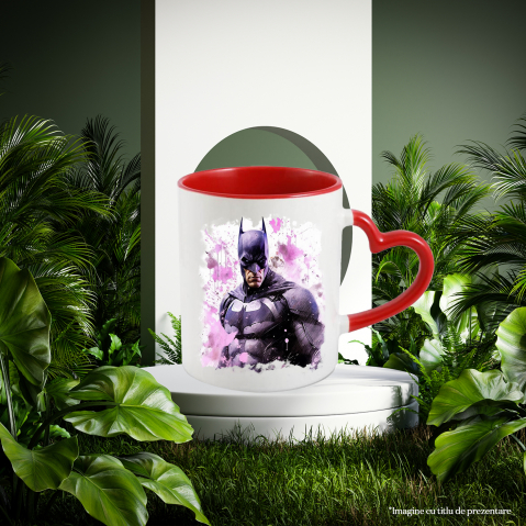 Cana Cu Batman, Ilustratie, Supererou, DC, Bruce Wayne, Vopsea, Multicolor 330 ml, Ceramica cu Maner Inima Rosie [2]