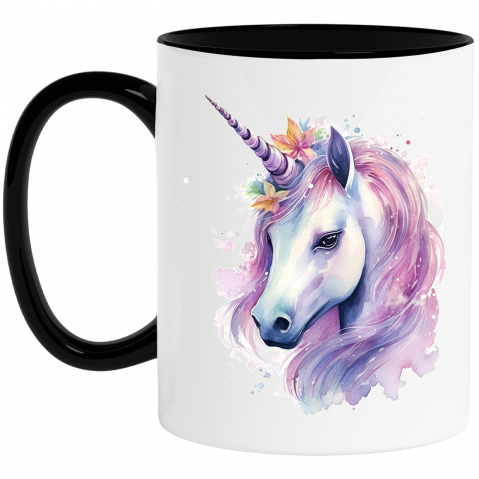 Maner Negru - Cana cu un unicorn, ilustratie, floricele, serios, putin trist, coama mov, pete de culori cu Maner Negru