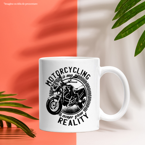 Cana Cu Mesaj Motorcycling Is My Escape From Reality, Motocicleta, Alb Negru 330 ml, Ceramica cu Maner Alb [1]