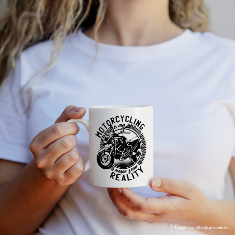Cana Cu Mesaj Motorcycling Is My Escape From Reality, Motocicleta, Alb Negru 330 ml, Ceramica cu Maner Alb [2]