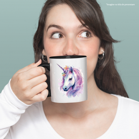 Cana cu un unicorn, ilustratie, floricele, serios, putin trist, coama mov, pete de culori cu Maner Negru [1]
