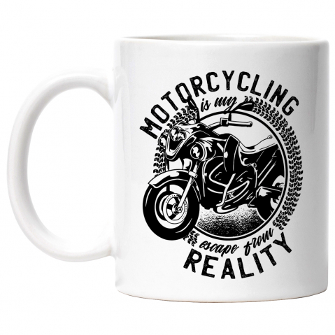Maner Alb - Cana Cu Mesaj Motorcycling Is My Escape From Reality, Motocicleta, Alb Negru 330 ml, Ceramica cu Maner Alb