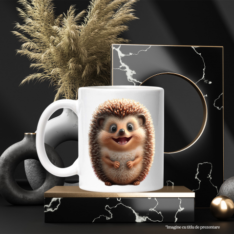 Cana cu Portret Arici Dragut, Fericit, Zambaret, Maroniu, Iubitori de Animalute,Ceramica, 330ml, cu Maner Alb [2]