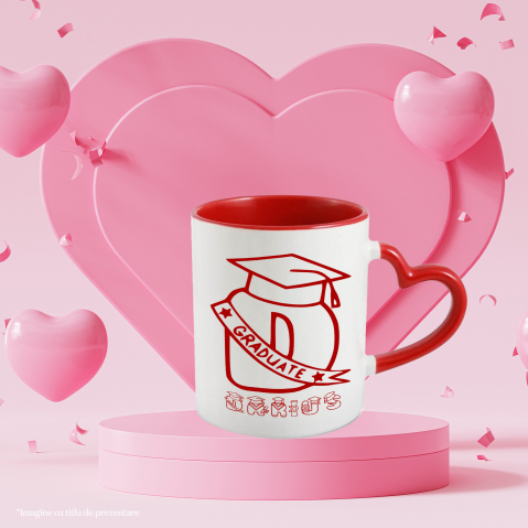 Cana Absolvire, Scoala, Palarie toca, Text Nume Personalizat, Copii, Culoare Rosu, Cu Litera, 330ML, Ceramica, Cu Maner Inima Rosie si Interior Rosu [1]