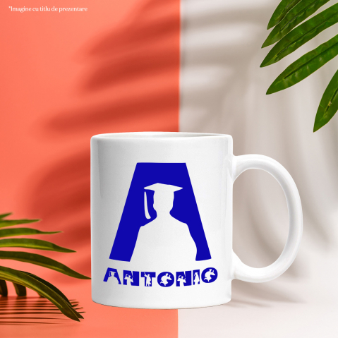 Cana Absolvire, Silueta Umana, Scoala, Text Nume Personalizat, Copii, Culoare Albastru, Cu Litera, 330ML, Ceramica, Cu Maner si Interior Alb [2]