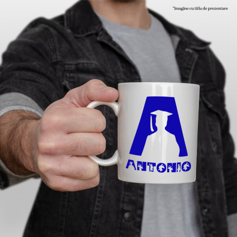 Cana Absolvire, Silueta Umana, Scoala, Text Nume Personalizat, Copii, Culoare Albastru, Cu Litera, 330ML, Ceramica, Cu Maner si Interior Alb [1]