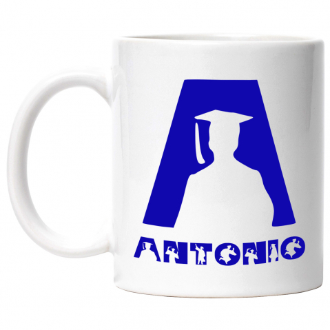 Copii - Cana Absolvire, Silueta Umana, Scoala, Text Nume Personalizat, Copii, Culoare Albastru, Cu Litera, 330ML, Ceramica, Cu Maner si Interior Alb