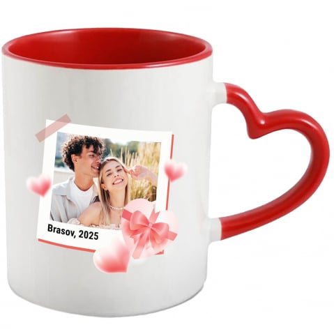Cani Personalizate - Cana Amintire Romantica, Cadou Valentine's Day, Cuplu Fericit, Text Personalizat cu Maner Inima Rosie si Interior Rosu