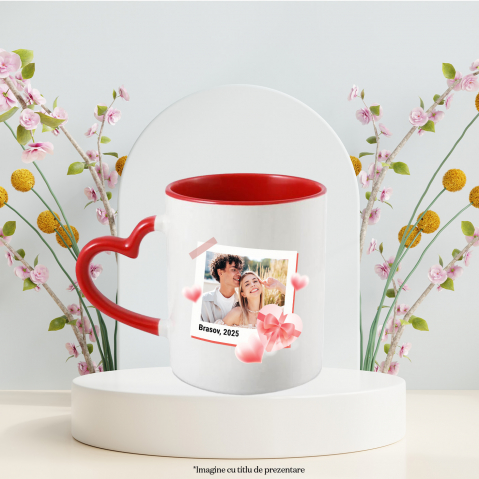 Cana Amintire Romantica, Cadou Valentine's Day, Cuplu Fericit, Text Personalizat cu Maner Inima Rosie si Interior Rosu [2]