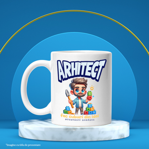 Cana Arhitect Text Fac cuburi din idei Inspiratie Desen, 330ml, Ceramic cu Maner Alb [2]