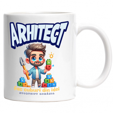 Maner Alb - Cana Arhitect Text Fac cuburi din idei Inspiratie Desen, 330ml, Ceramic cu Maner Alb