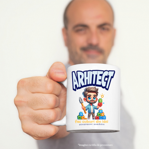 Cana Arhitect Text Fac cuburi din idei Inspiratie Desen, 330ml, Ceramic cu Maner Alb [1]