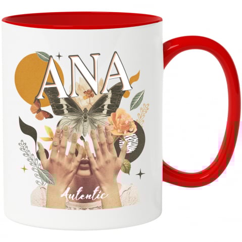 Cana Arta Abstracta, Nume Ana, Chip Feminin Acoperit Fluture cu Maner si Interior Rosu Cani Personalizate - Cana Arta Abstracta, Nume Ana, Chip Feminin Acoperit Fluture cu Maner si Interior Rosu