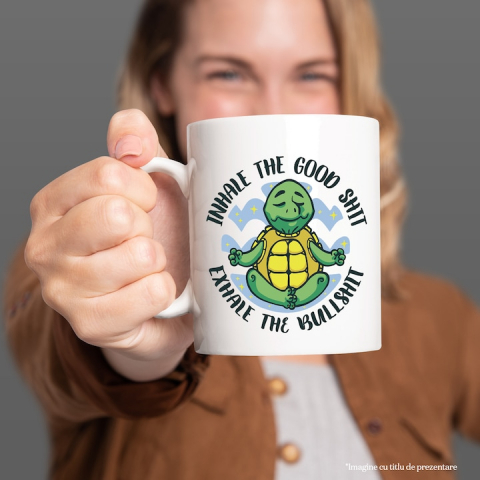 Cana Broasca Testoasa Meditand, Cu Mesajul Amuzant in Engleza, Inhale the Good Sh*t, Exhale the BullSh*t, Ceramica , 330 ml, Multicolor cu maner Alb [1]