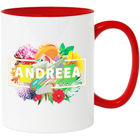 Cana Buchet De flori Colorate, Nume Andreea, Nume Personalizat cu Maner si Interior Rosu Cani Personalizate - Cana Buchet De flori Colorate, Nume Andreea, Nume Personalizat cu Maner si Interior Rosu
