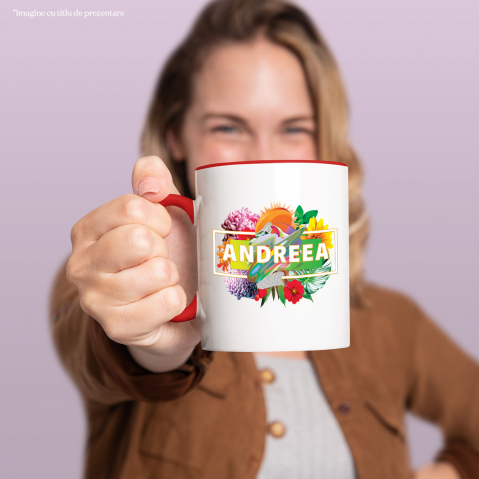 Cana Buchet De flori Colorate, Nume Andreea, Nume Personalizat cu Maner si Interior Rosu [1]