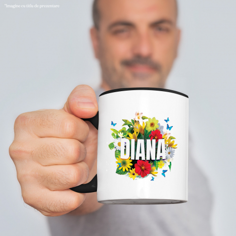 Cana Buchet De flori Colorate, Nume Diana, Arta Personalizata cu Maner si Interior Negru [1]