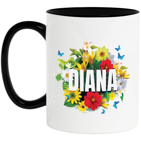 Cana Buchet De flori Colorate, Nume Diana, Arta Personalizata cu Maner si Interior Negru Cani Personalizate - Cana Buchet De flori Colorate, Nume Diana, Arta Personalizata cu Maner si Interior Negru