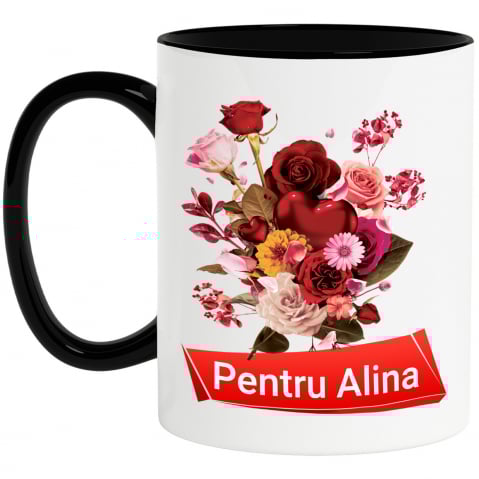 Cani Personalizate - Cana Buchet De Flori, Trandafiri, Valentine's Day Ziua Mamei, Cadou Special cu Maner si Interior Negru