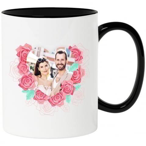 Cani Personalizate - Cana Cadru Romantic, Trandafiri Rosii, Valentine's Day, Cuplu Fericit cu Maner si Interior Negru