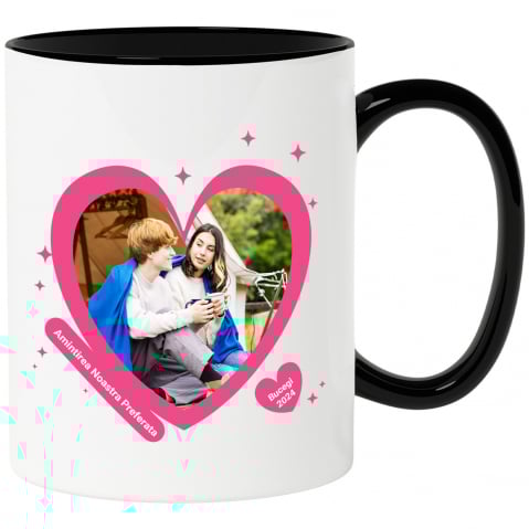 Cani Personalizate - Cana Cadru Romantifc Inima, Mesaj Special, Valentine's Day, Dragoste cu Maner si Interior Negru