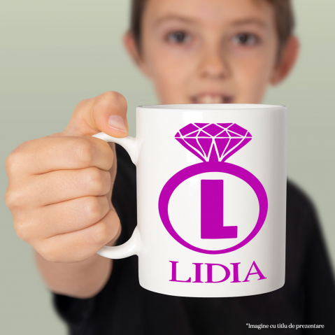 Cana Cerere casatorie, Inel Cu Diamant, Nunta, Text Nume Personalizat, Valentine's day, Culoare Mov, Cu Litera, 330ML, Ceramica, Cu Maner si Interior Alb [1]
