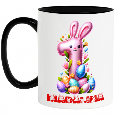 Cani Personalizate - Cana Cifra Roz Copii, Paste, Oua Colorate, Iepure, Zi Aniversara, Nume Personalizat Varsta 1 cu Maner si Interior Negru