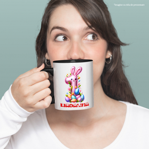 Cana Cifra Roz Copii, Paste, Oua Colorate, Iepure, Zi Aniversara, Nume Personalizat Varsta 1 cu Maner si Interior Negru [1]