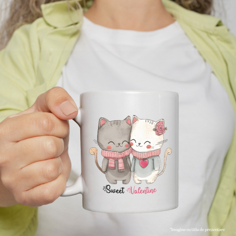 Cana cu 2 pisicute imbujorate si apropiate cu mesajul "Sweet Valentine", trandafir, inima, dulce, ilustratie, Valentine's Day, iubire cu Maner Alb [1]