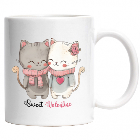 Maner Alb - Cana cu 2 pisicute imbujorate si apropiate cu mesajul "Sweet Valentine", trandafir, inima, dulce, ilustratie, Valentine's Day, iubire cu Maner Alb