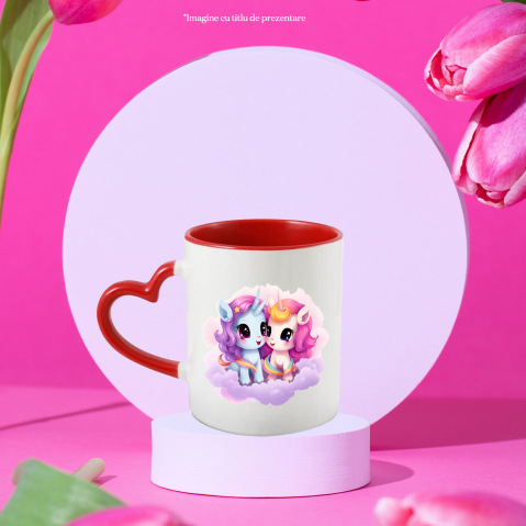 Cana cu 2 unicorni veseli | ilustratie | norisori | fericire | ochi sclipitori | se uita unul la celalalt | 330ml | Ceramica cu Maner Inima Rosie [1]