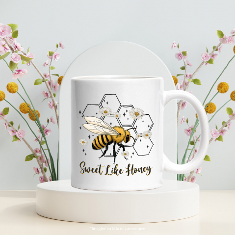 Cana cu albina si cu floricele albe cu mesajul "Sweet like honey", dulce ca mierea, fagure pe fundal, plante, insecta, ilustratie cu Maner Alb [2]