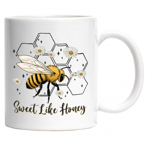 Maner Alb - Cana cu albina si cu floricele albe cu mesajul "Sweet like honey", dulce ca mierea, fagure pe fundal, plante, insecta, ilustratie cu Maner Alb