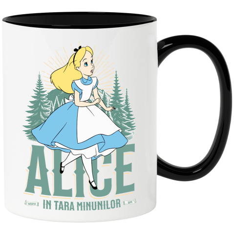 Sticker Personalizat - Cana Cu Alice si Calatoria Fermecata Ceramica, 330ML, cu Maner Negru