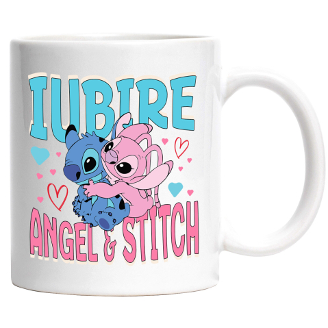 Desene Animate - Cana Cu Angel si Stitch - Poveste de Iubire Ceramica, 330ML, cu Maner Alb