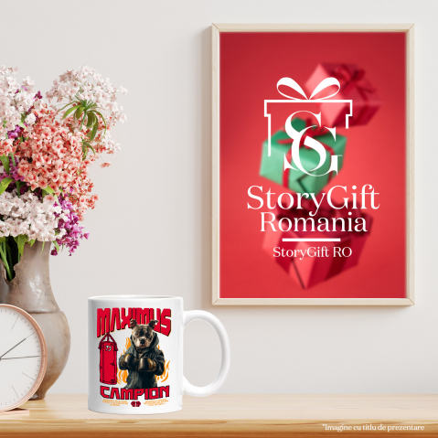 Cana cu Animal Boxer In Hanorac, Sac de Box, Flacari, Peronalizata cu Numele si Poza Animalului Tau cu Maner Alb [7]