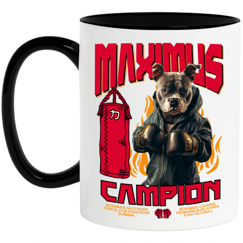 Personalizate cu Animalul Tau - Cana cu Animal Boxer In Hanorac, Sac de Box, Flacari, Peronalizata cu Numele si Poza Animalului Tau cu Maner Negru