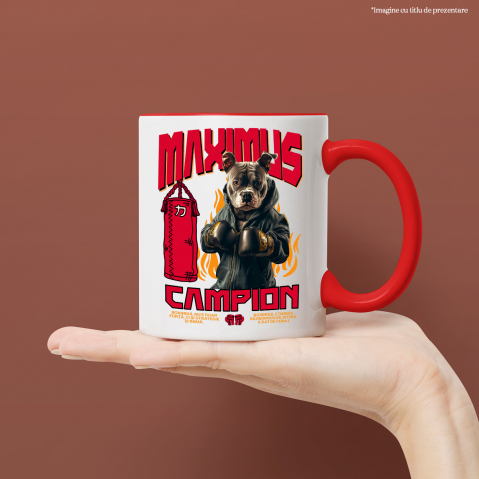 Cana cu Animal Boxer In Hanorac, Sac de Box, Flacari, Peronalizata cu Numele si Poza Animalului Tau cu Maner Rosu [3]