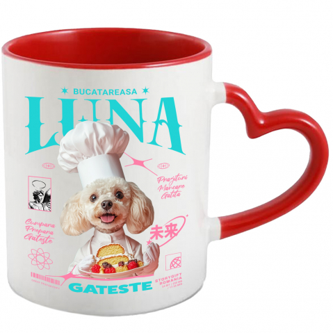 Cani - Cana cu Animal Bucatar, Cofetar, Patiser, Peronalizata cu Numele si Poza Animalului Tau cu Maner Inima Rosie