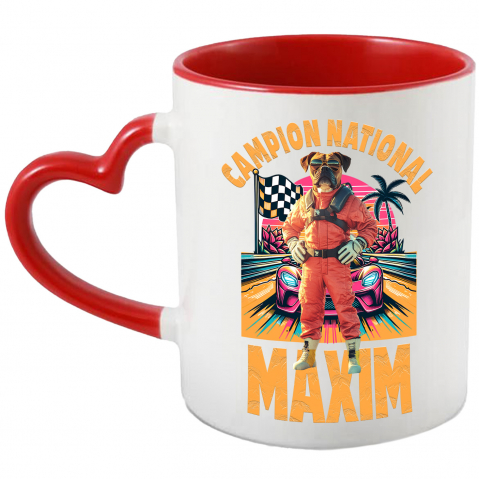 Personalizate cu Animalul Tau - Cana cu Animal Campion la Cursele cu Masini, Peronalizata cu Numele si Poza Animalului Tau cu Maner Inima Rosie
