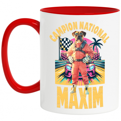 Cani - Cana cu Animal Campion la Cursele cu Masini, Peronalizata cu Numele si Poza Animalului Tau cu Maner Rosu