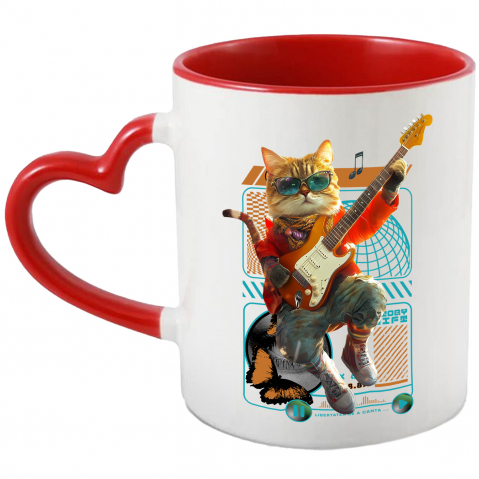 Personalizate cu Animalul Tau - Cana cu Animal Cantand la Chitara, Peronalizata cu Numele si Poza Animalului Tau cu Maner Inima Rosie