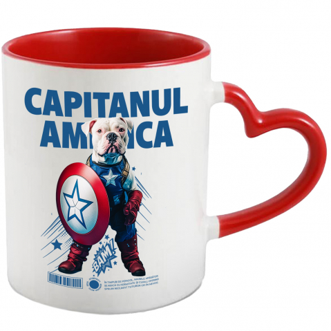 Personalizate cu Animalul Tau - Cana cu Animal Capitanul America, Peronalizata cu Numele si Poza Animalului Tau cu Maner Inima Rosie