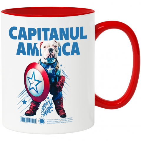 Personalizate cu Animalul Tau - Cana cu Animal Capitanul America, Peronalizata cu Numele si Poza Animalului Tau cu Maner Rosu