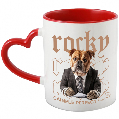 Personalizate cu Animalul Tau - Cana cu Animal Contabil in Costum, Peronalizata cu Numele si Poza Animalului Tau cu Maner Inima Rosie