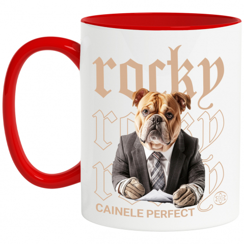 Personalizate cu Animalul Tau - Cana cu Animal Contabil in Costum, Peronalizata cu Numele si Poza Animalului Tau cu Maner Rosu